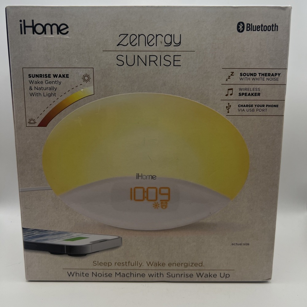 iHome Zenergy Sunrise Alarm Clock White Noise Sound Machine Bluetooth Speaker